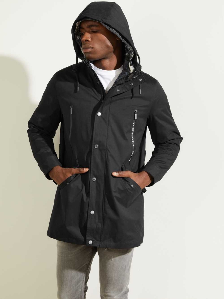 Black Men's GUESS Commuter Double Parka Jackets | USA84KGQBF