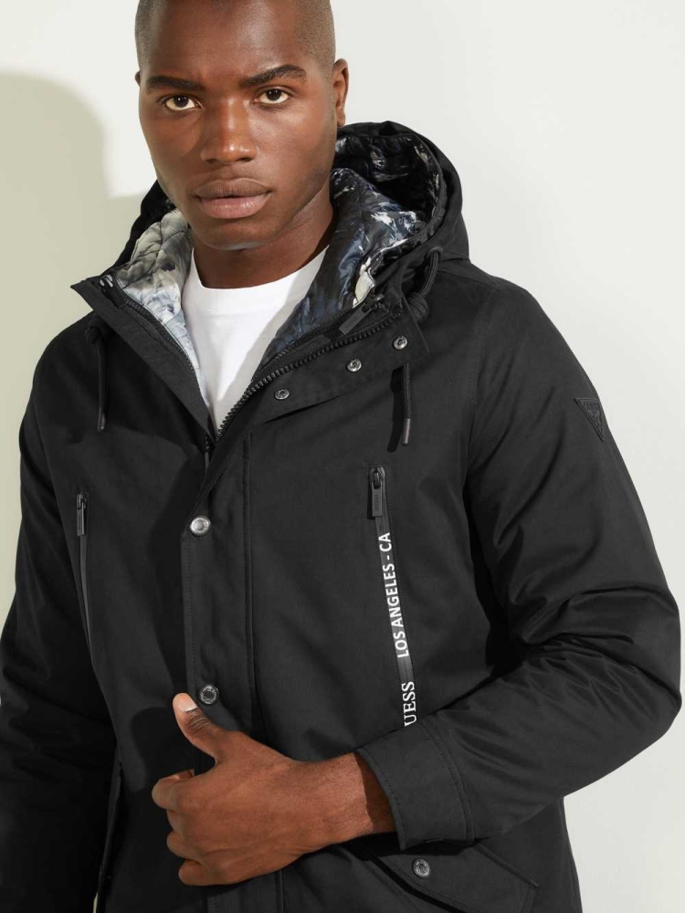 Black Men's GUESS Commuter Double Parka Jackets | USA84KGQBF