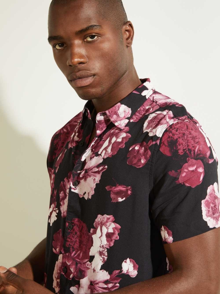 Black Men's GUESS Eco Blackout Floral Shirts | USA43PINTC