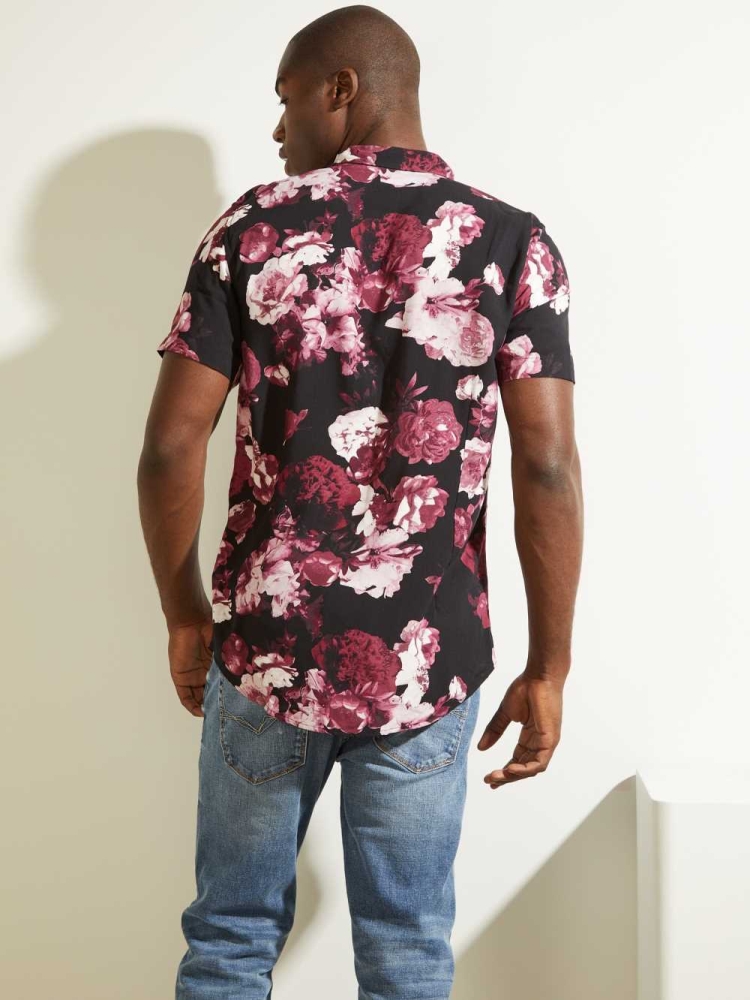 Black Men's GUESS Eco Blackout Floral Shirts | USA43PINTC