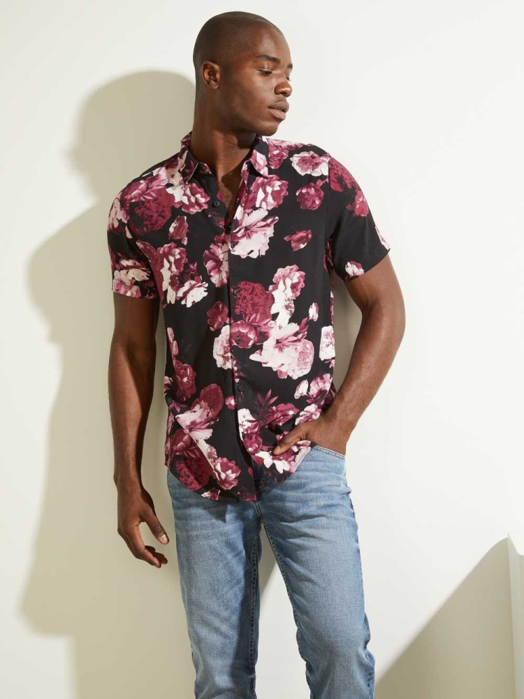 Black Men\'s GUESS Eco Blackout Floral Shirts | USA43PINTC