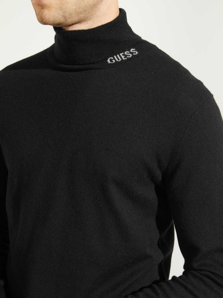 Black Men's GUESS Eco Lane Basic Turtleneck T-Shirts | USA27XNFMJ