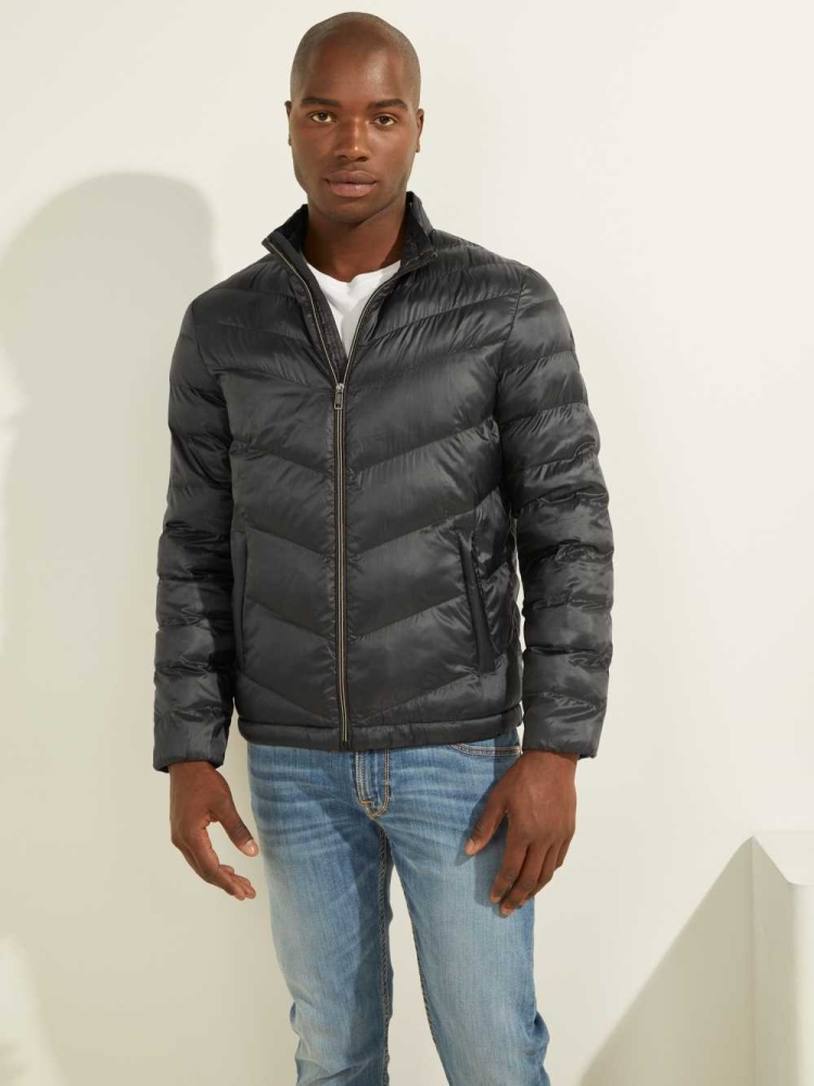 Black Men's GUESS Eco Lightweight Puffer Jackets | USA65EUBOY