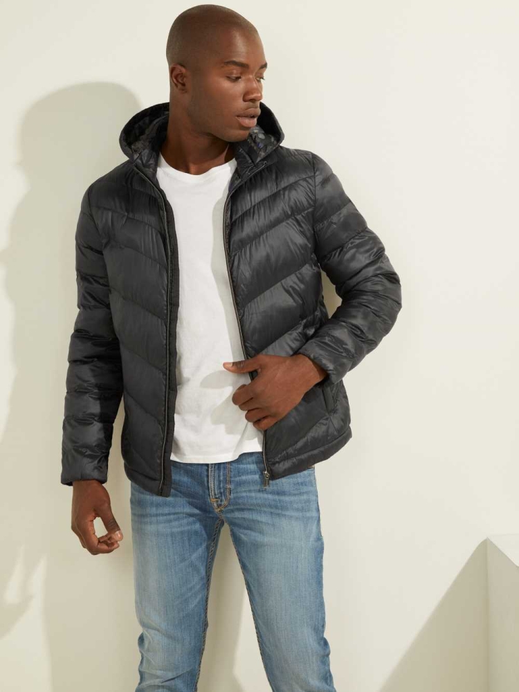 Black Men's GUESS Eco Lightweight Puffer Jackets | USA65EUBOY