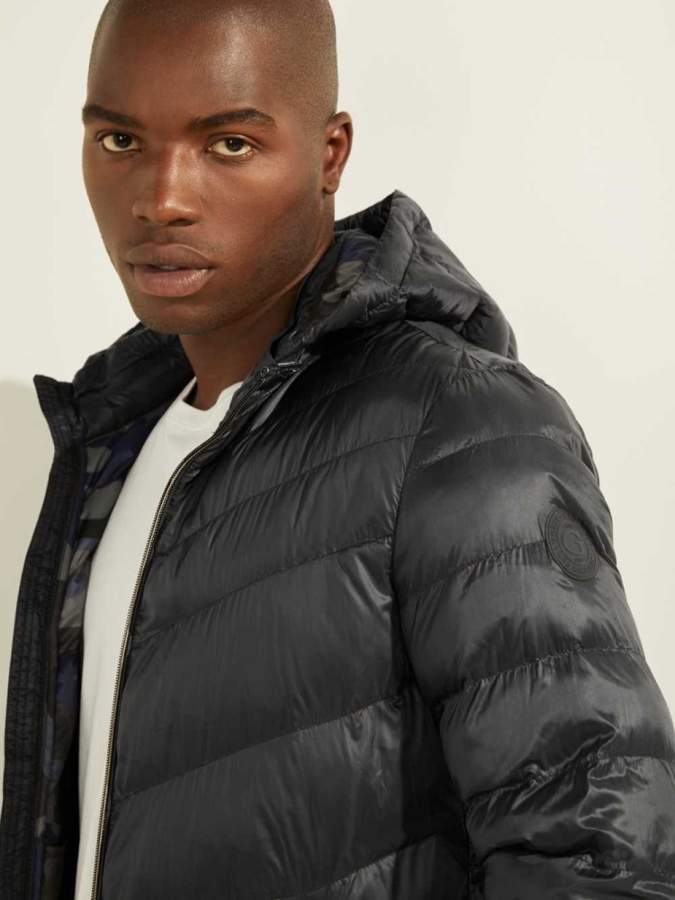 Black Men's GUESS Eco Lightweight Puffer Jackets | USA65EUBOY