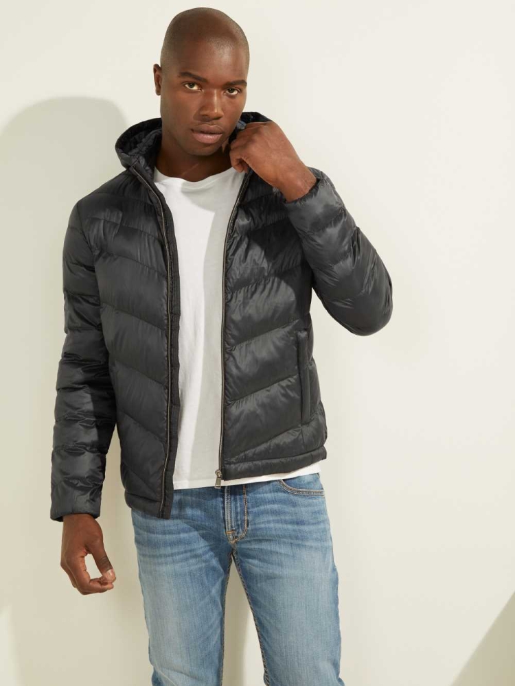 Black Men\'s GUESS Eco Lightweight Puffer Jackets | USA65EUBOY