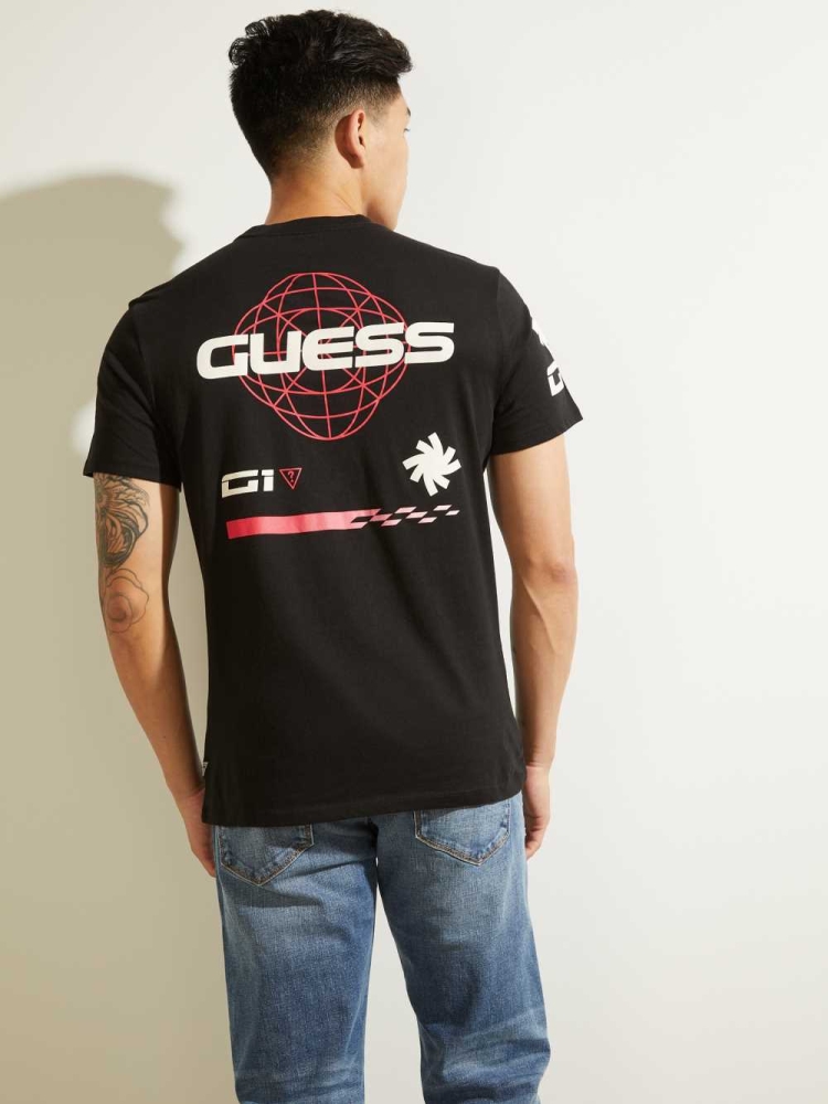 Black Men's GUESS Eco Racer Logo T-Shirts | USA19JMBAQ