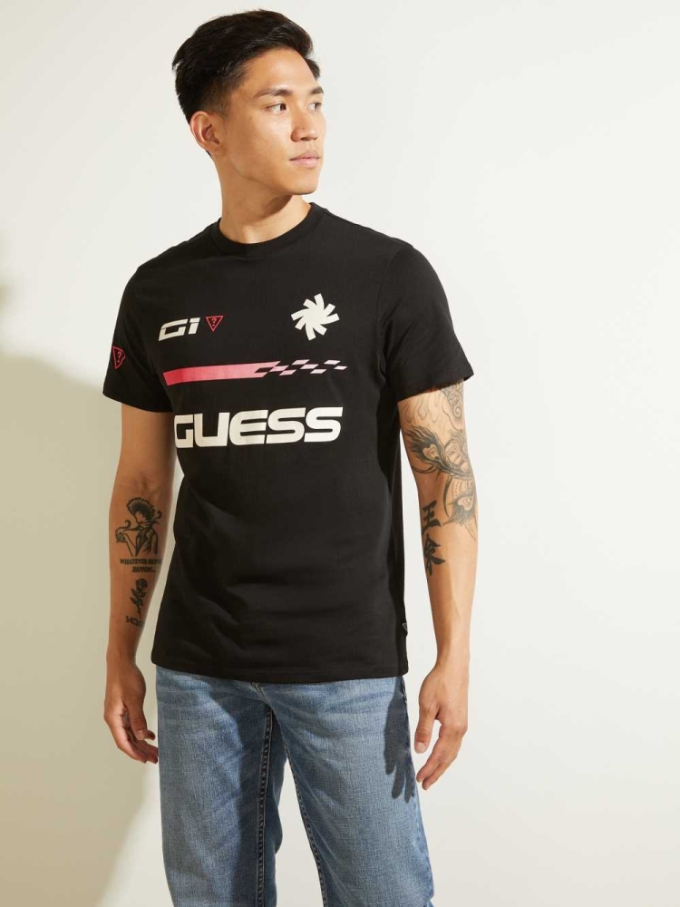 Black Men\'s GUESS Eco Racer Logo T-Shirts | USA19JMBAQ