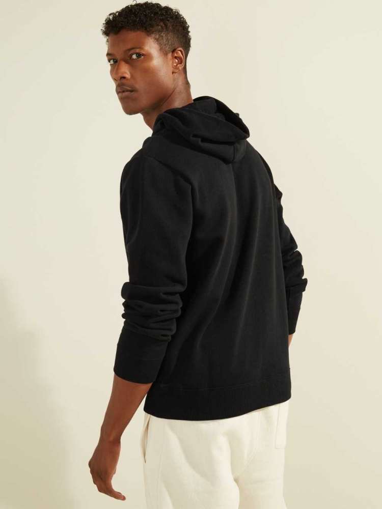 Black Men's GUESS Eco Roy Embroidered Logo Hoodies | USA13CSYDO