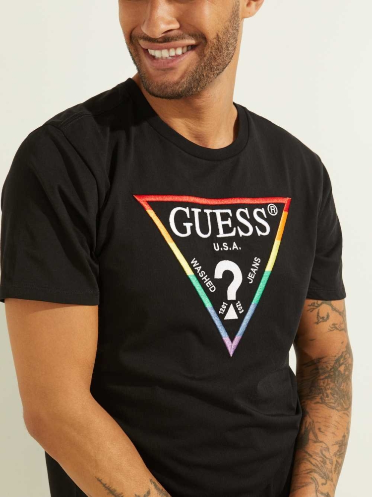 Black Men's GUESS Embroidered Rainbow Logo T-Shirts | USA83SHTGW