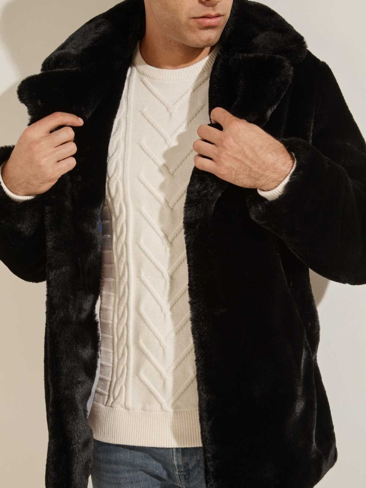 Black Men's GUESS Faux-Fur Coats | USA63SUXJG