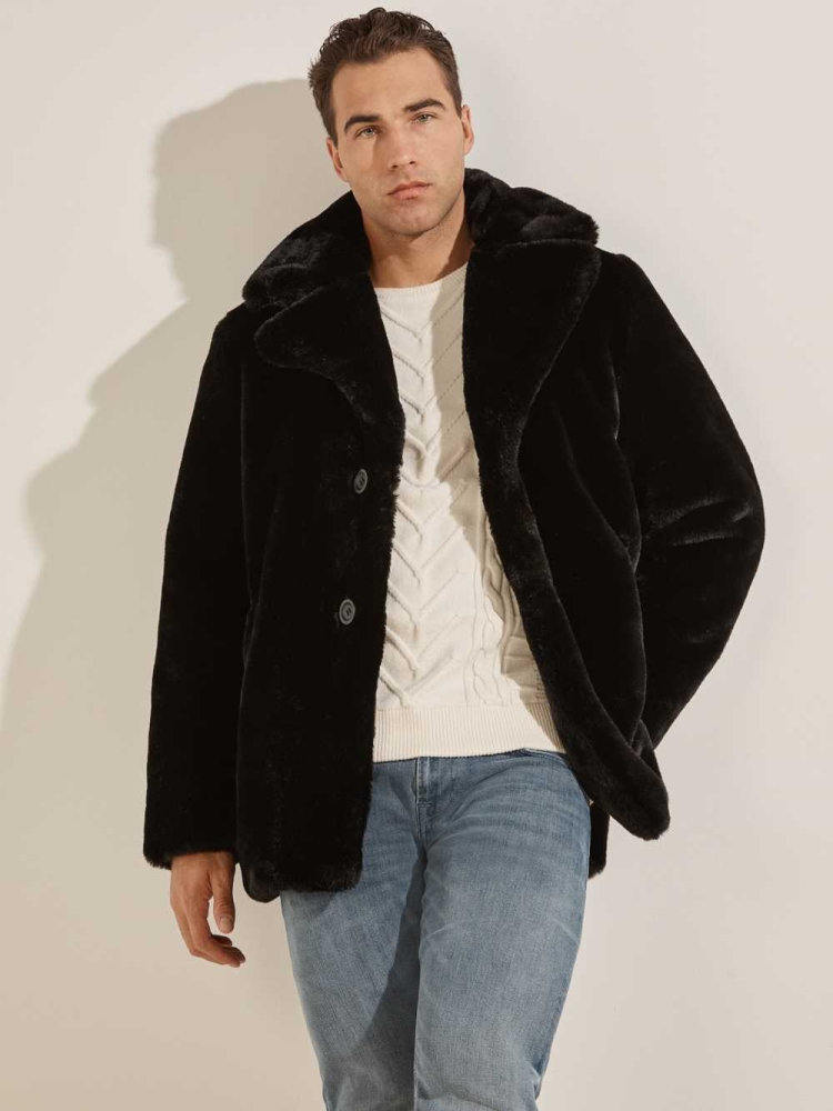 Black Men\'s GUESS Faux-Fur Coats | USA63SUXJG