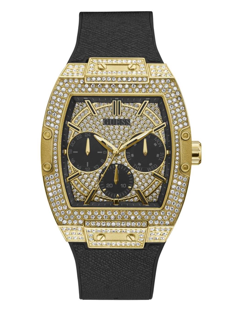 Black Men's GUESS Gold-Tone Crystal Multifunction Watches | USA65QTGLU