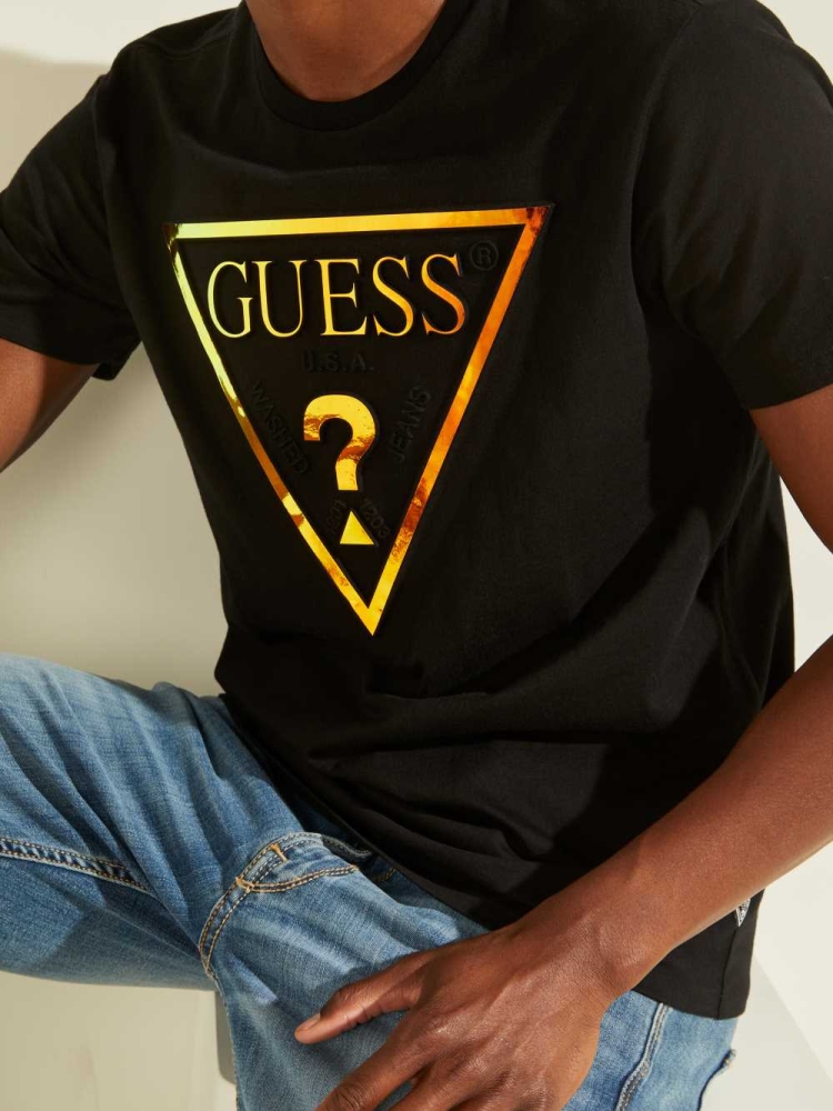 Black Men's GUESS Hologram Logo T-Shirts | USA67MVWGS