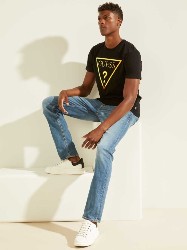 Black Men's GUESS Hologram Logo T-Shirts | USA67MVWGS