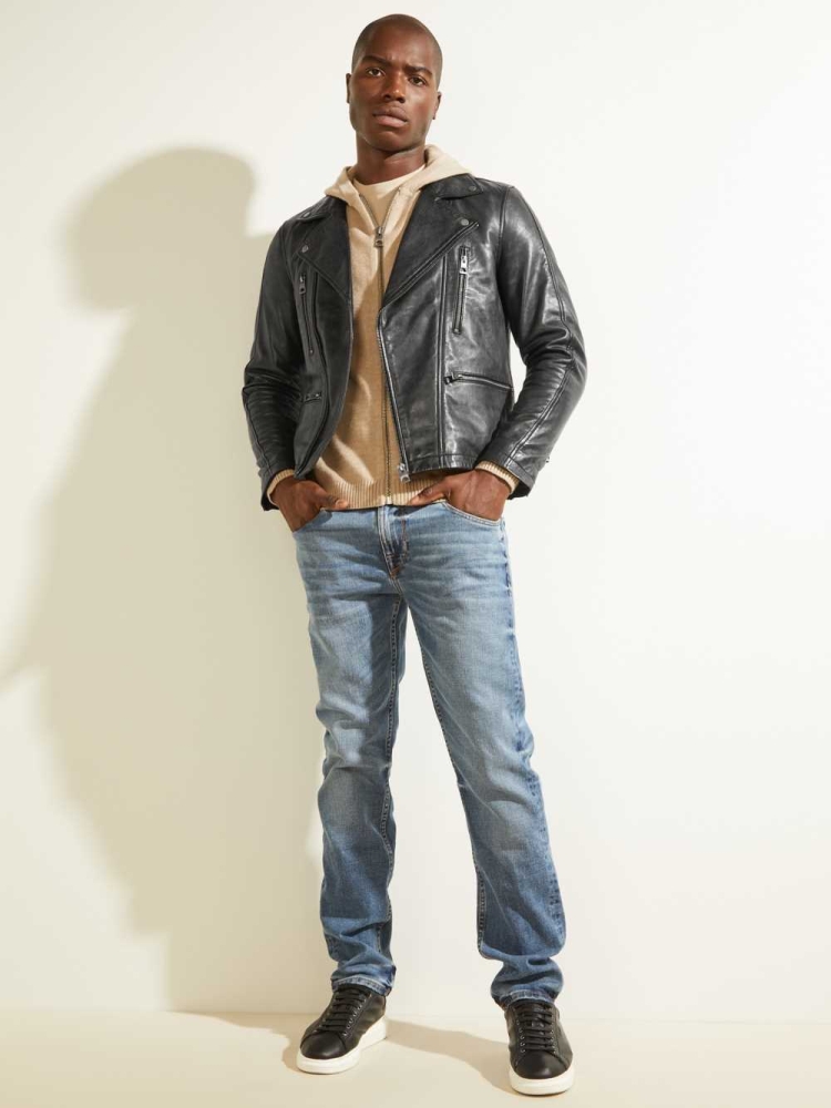 Black Men's GUESS Leather Biker Jackets | USA39VEPKG