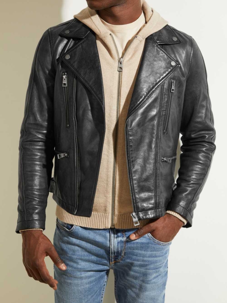 Black Men's GUESS Leather Biker Jackets | USA39VEPKG