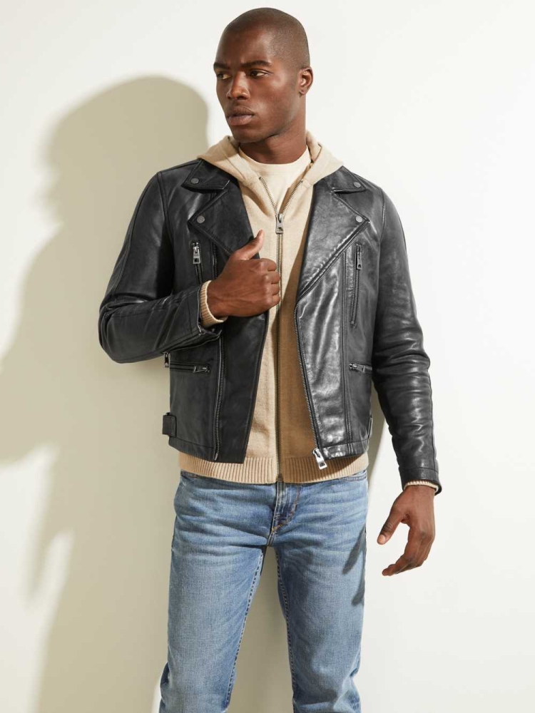 Black Men\'s GUESS Leather Biker Jackets | USA39VEPKG