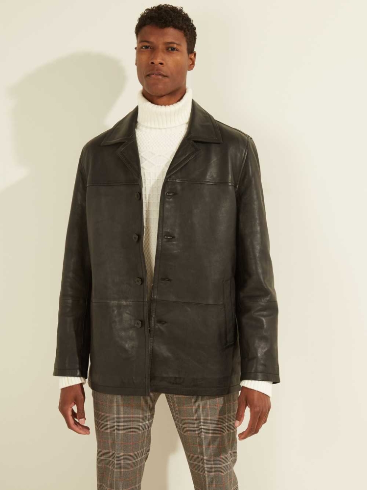 Black Men's GUESS Leather Car Coats | USA08VZEDT