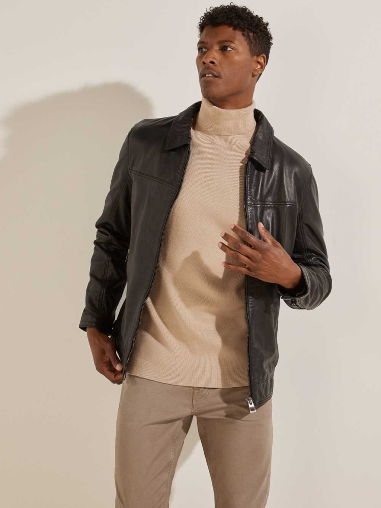 Black Men's GUESS Leather Trucker Jackets | USA54PNHEB