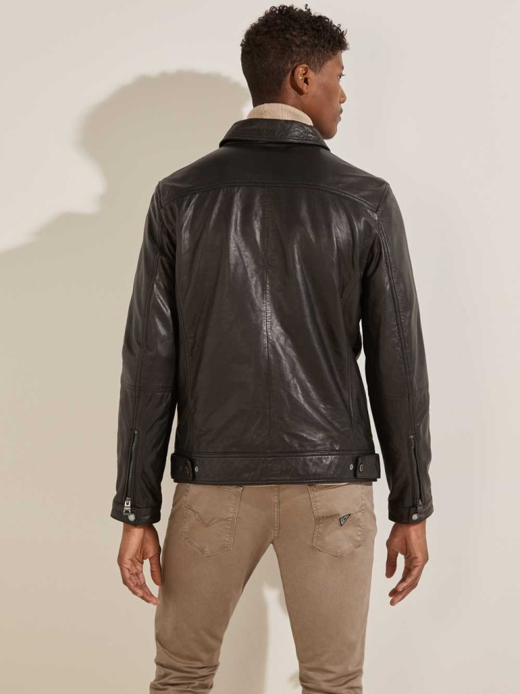 Black Men's GUESS Leather Trucker Jackets | USA54PNHEB