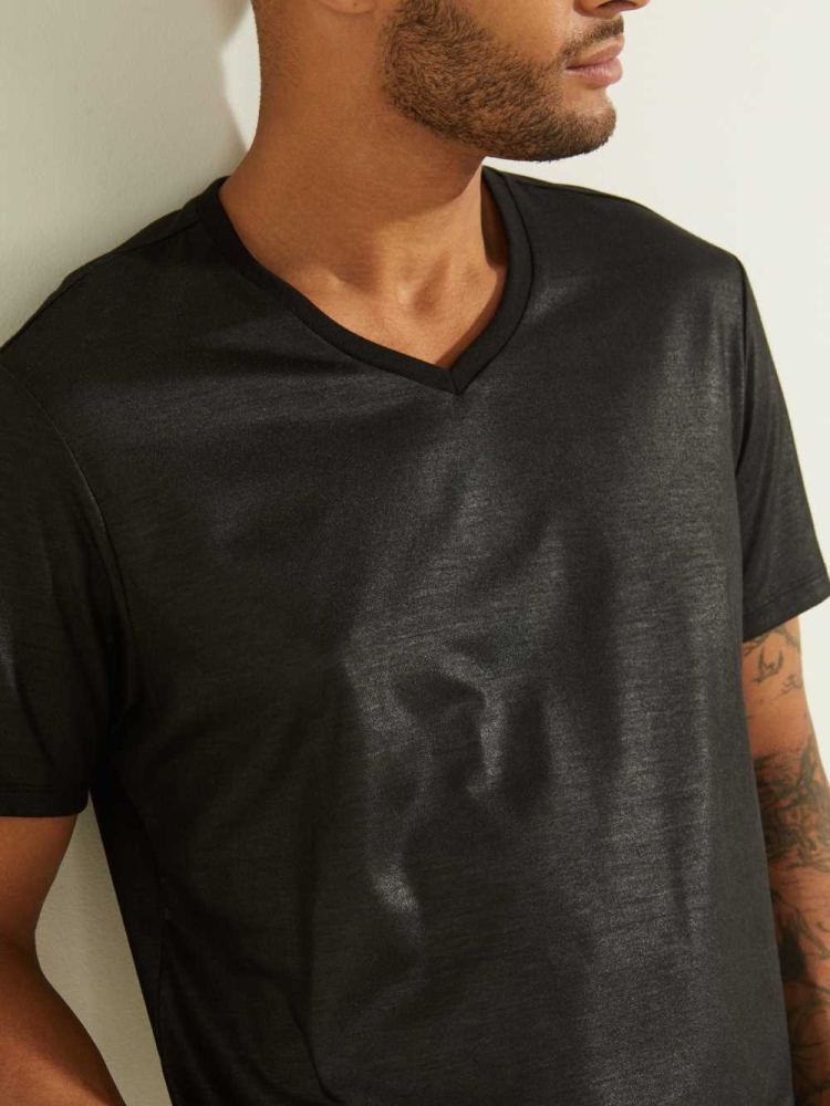 Black Men's GUESS Mason Yoke V-Neck T-Shirts | USA96DMGPU