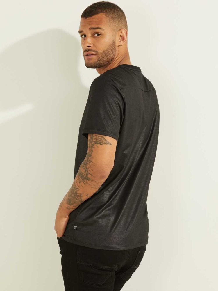 Black Men's GUESS Mason Yoke V-Neck T-Shirts | USA96DMGPU