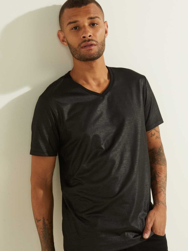 Black Men\'s GUESS Mason Yoke V-Neck T-Shirts | USA96DMGPU