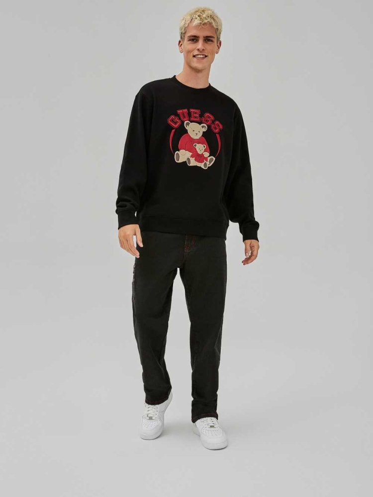 Black Men's GUESS Originals Bear Crewneck Sweatshirt | USA70OBHSY