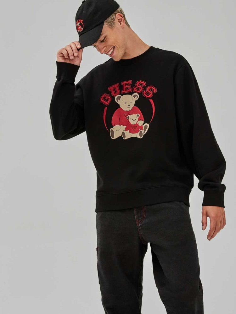 Black Men's GUESS Originals Bear Crewneck Sweatshirt | USA70OBHSY