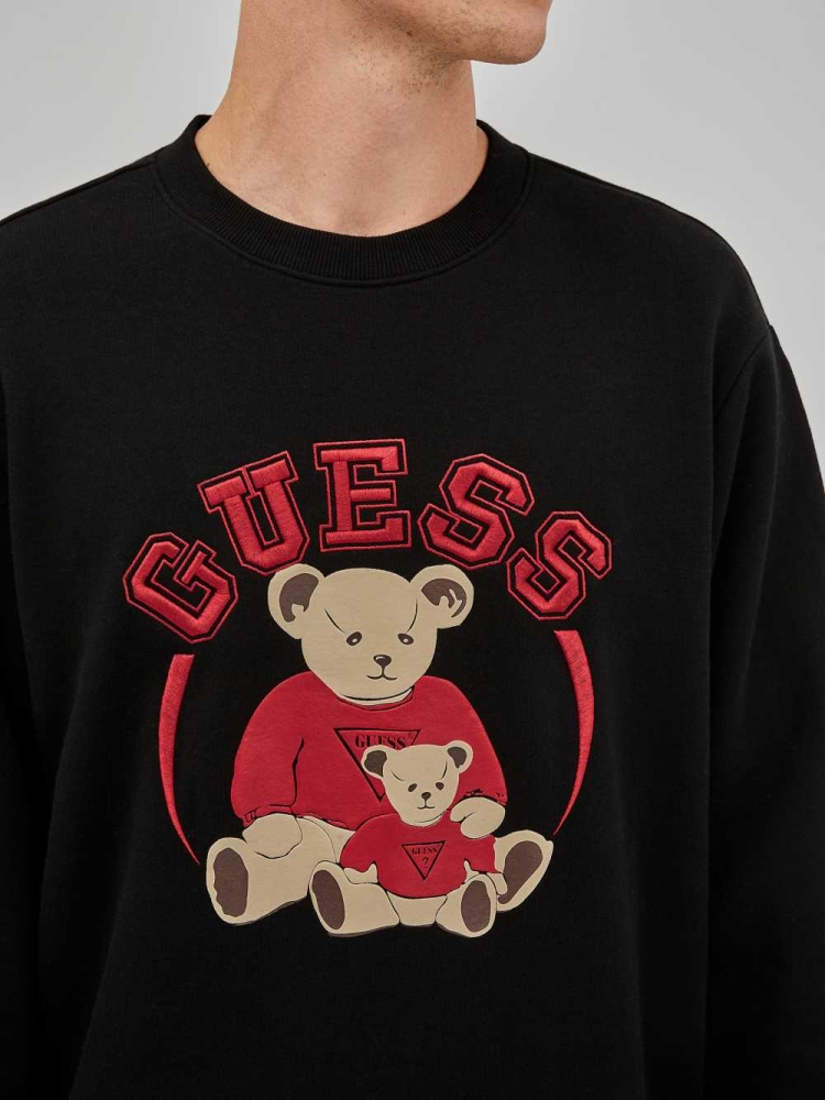 Black Men's GUESS Originals Bear Crewneck Sweatshirt | USA70OBHSY