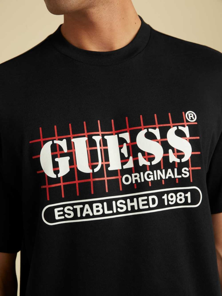 Black Men's GUESS Originals Grid T-Shirts | USA46GRHYQ