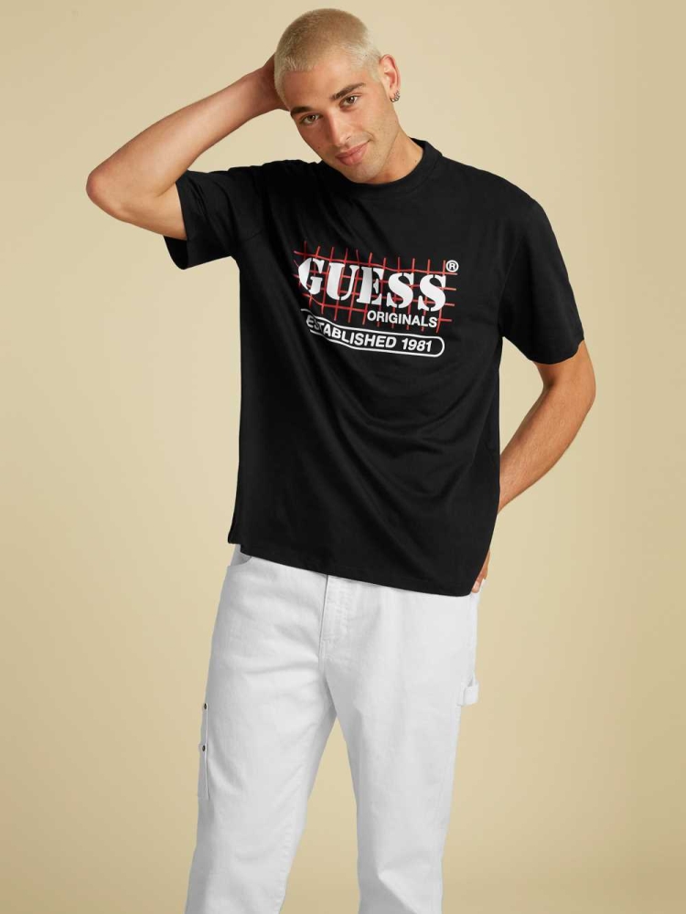 Black Men\'s GUESS Originals Grid T-Shirts | USA46GRHYQ