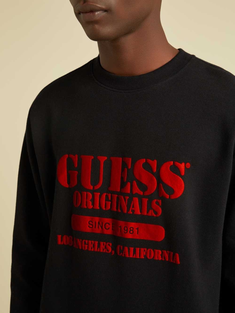 Black Men's GUESS Originals Logo Crewneck Sweatshirt | USA81PVTCU