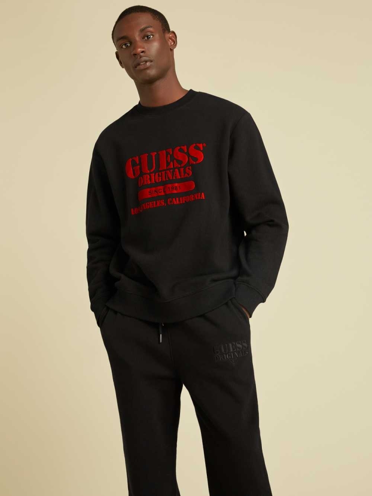 Black Men\'s GUESS Originals Logo Crewneck Sweatshirt | USA81PVTCU