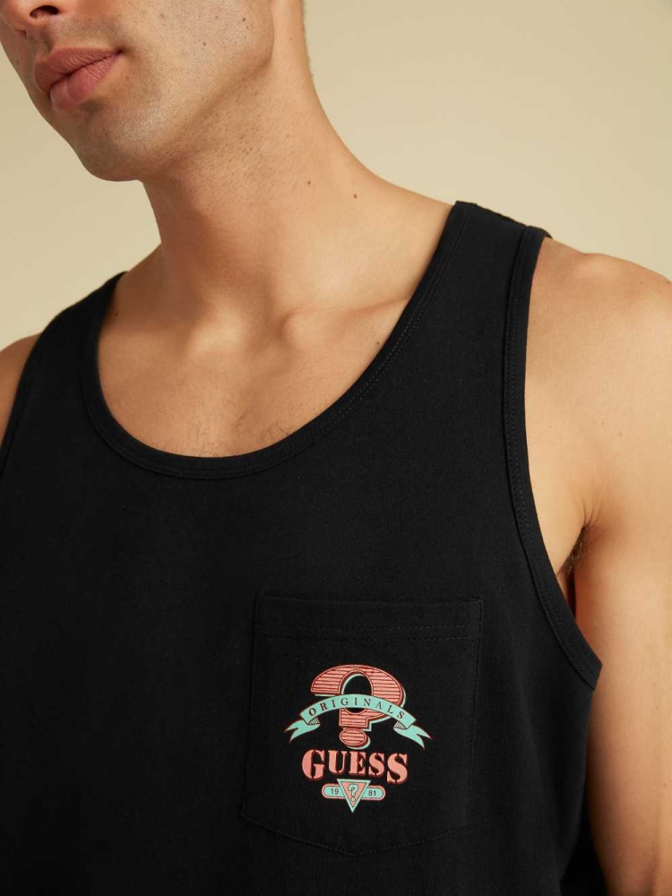 Black Men's GUESS Originals Logo Tank Top | USA57HJVIN