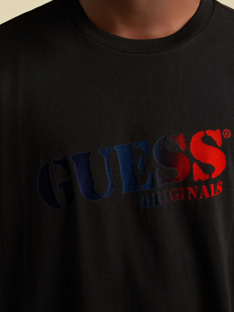 Black Men's GUESS Originals Ombre Logo T-Shirts | USA32ITKWE