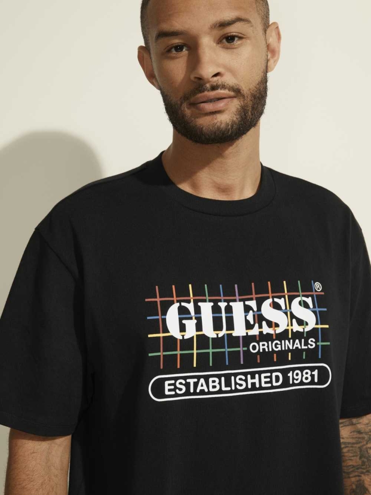 Black Men's GUESS Originals Rainbow Grid T-Shirts | USA56IOHBP