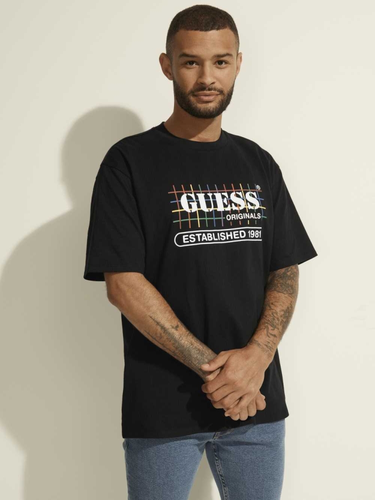 Black Men's GUESS Originals Rainbow Grid T-Shirts | USA56IOHBP