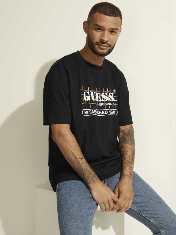 Black Men\'s GUESS Originals Rainbow Grid T-Shirts | USA56IOHBP