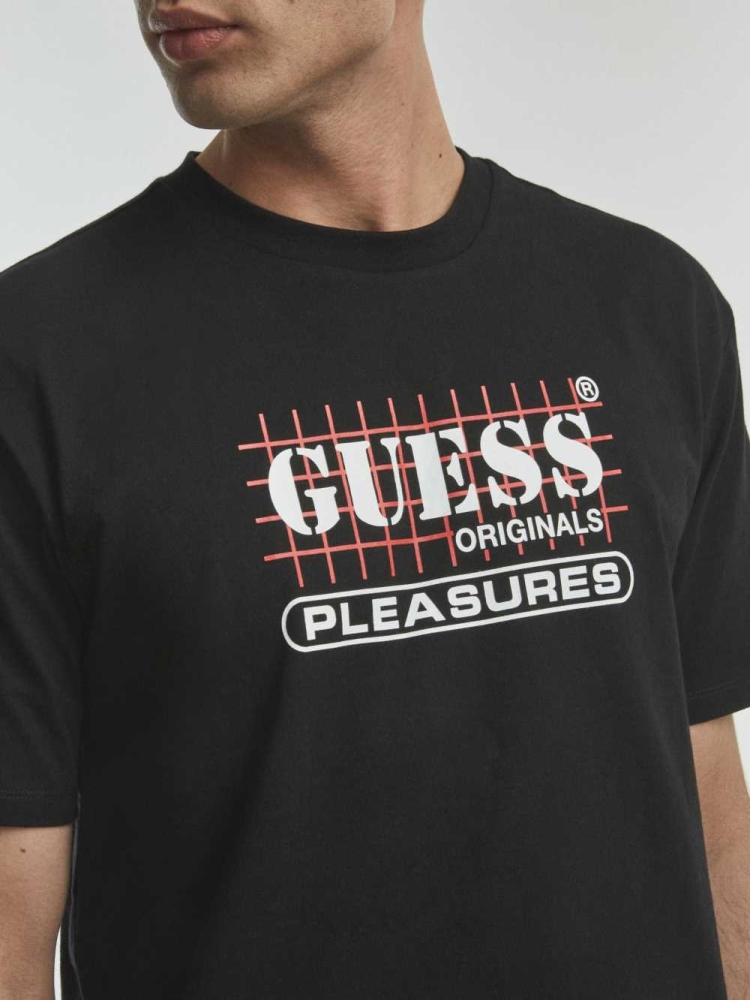 Black Men's GUESS Originals x PLEASURES Logo T-Shirts | USA72NWZAU