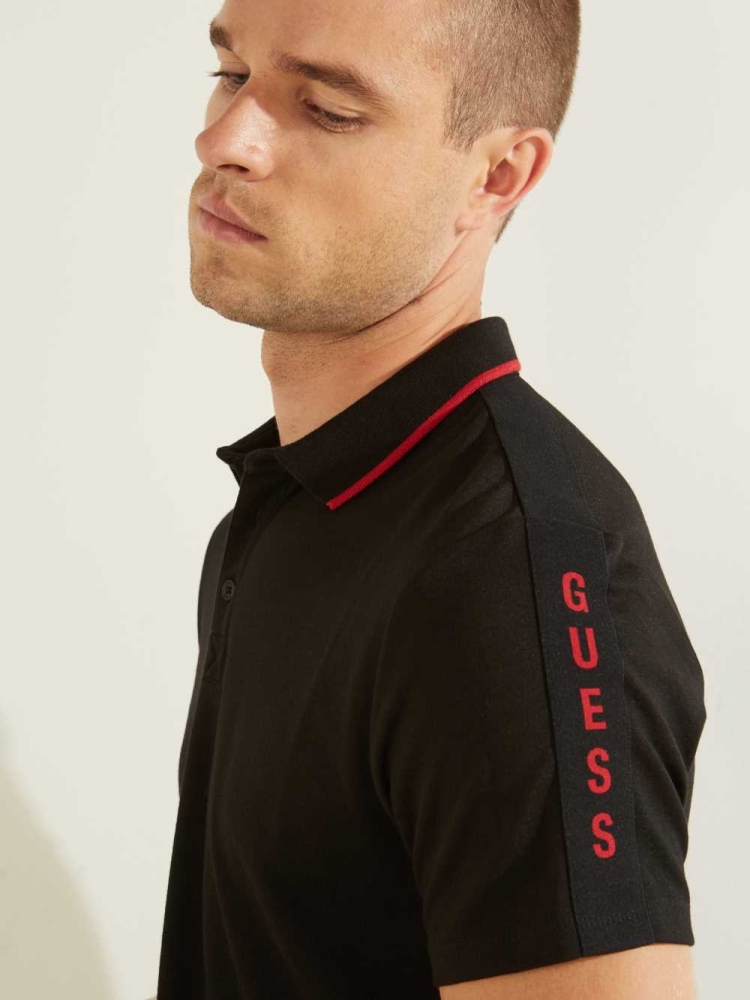 Black Men's GUESS Pique Logo-Taping Polo Shirts | USA63FRQPX