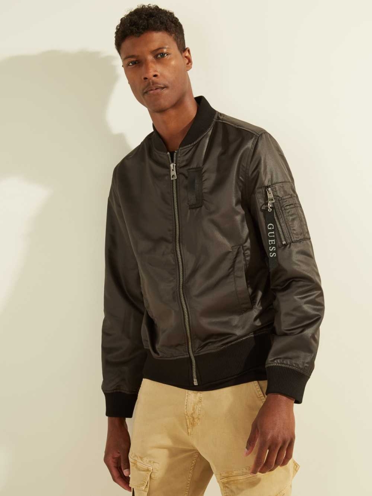 Black Men's GUESS Satin Bomber Jackets | USA24OZDSJ