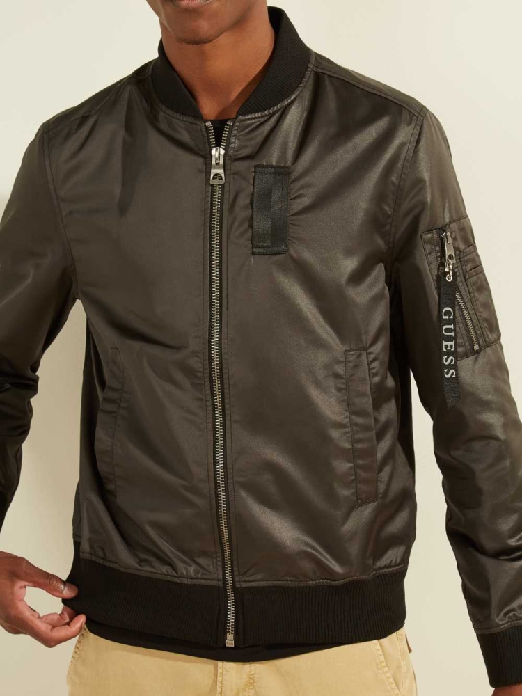 Black Men's GUESS Satin Bomber Jackets | USA24OZDSJ