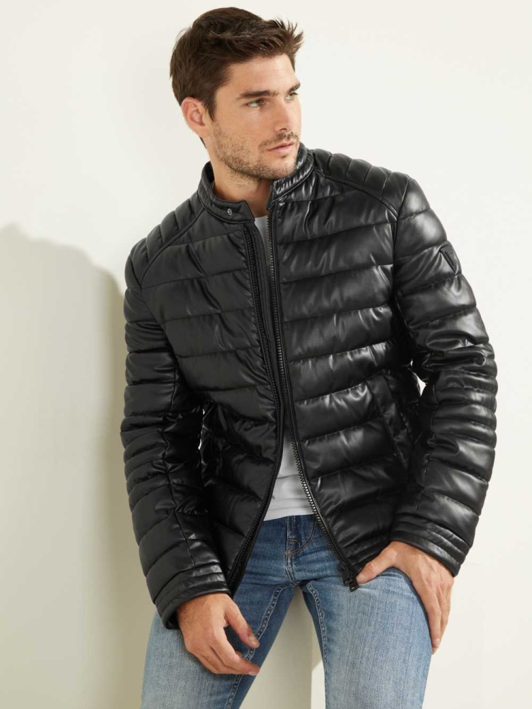 Black Men's GUESS Stretch Puffer Jackets | USA49KCVFI