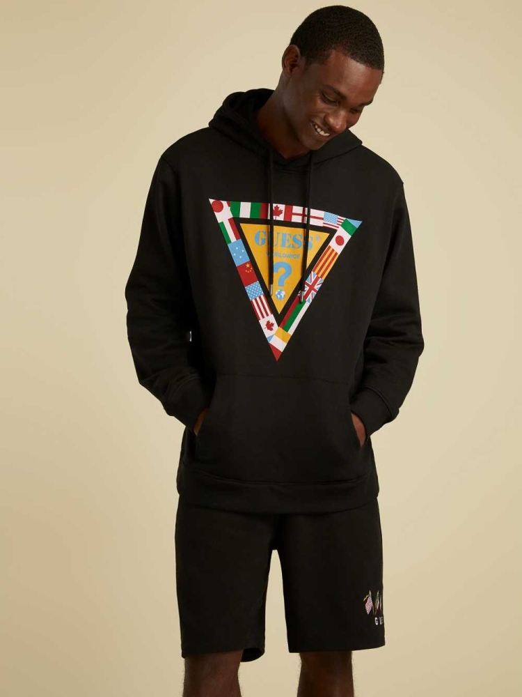 Black Men's GUESS Summer Games Logo Hoodies | USA42OEQZI