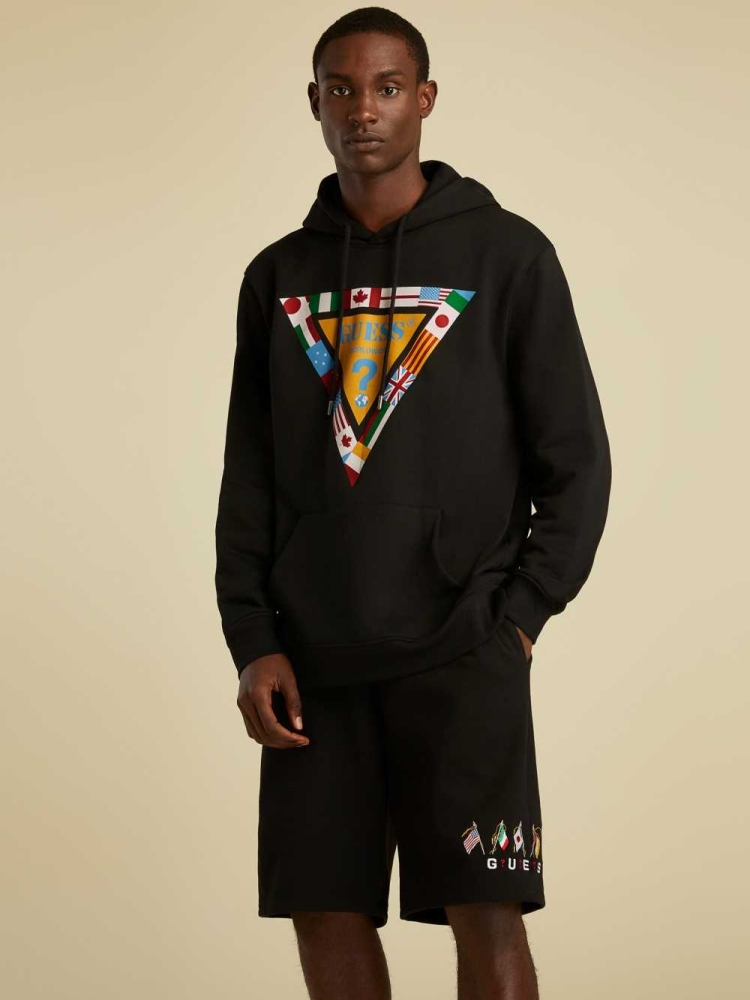 Black Men's GUESS Summer Games Logo Hoodies | USA42OEQZI