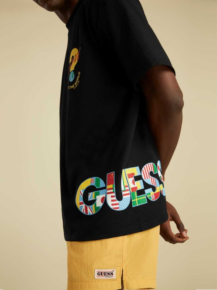 Black Men's GUESS Summer Games Logo T-Shirts | USA31XQZPB