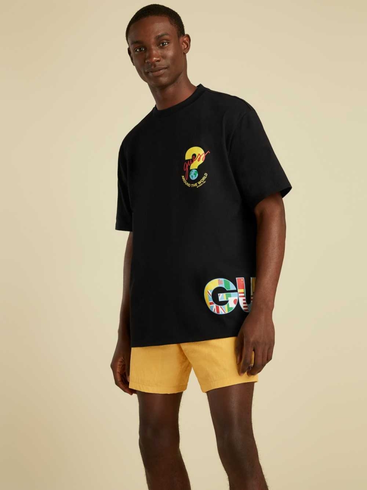 Black Men's GUESS Summer Games Logo T-Shirts | USA31XQZPB