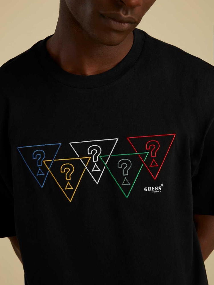 Black Men's GUESS Summer Games Logo T-Shirts | USA61UKDAZ